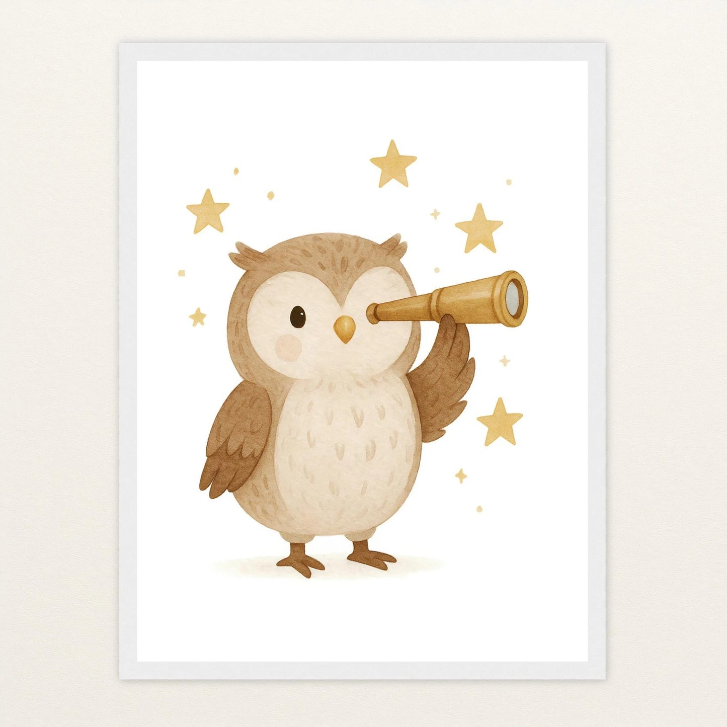 Emmi die Eule - Motiv: "Fernglas" Poster mit Holzrahmen von tinylearner