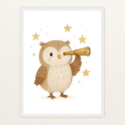Emmi die Eule - Motiv: "Fernglas" Poster mit Holzrahmen von tinylearner