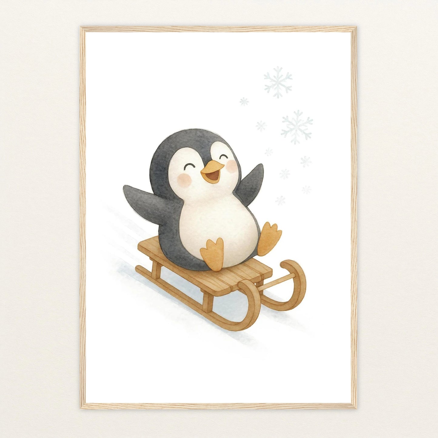 Pia der Pinguin - Motiv: "Schlitten" Poster mit Holzrahmen von tinylearner