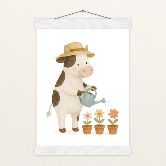 Klara die Kuh - Motiv: "Blumengießen" Poster mit Leisten von tinylearner