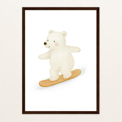 Pummel der Polarbär - Motiv: "Snowboard" Poster mit Holzrahmen von tinylearner
