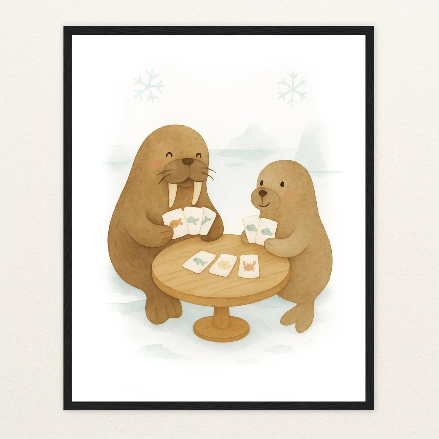 Wally das Walross - Motiv: "Kartenspiel" Poster mit Holzrahmen von tinylearner