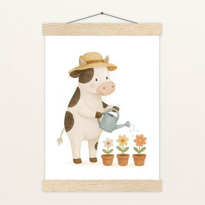 Klara die Kuh - Motiv: "Blumengießen" Poster mit Leisten von tinylearner