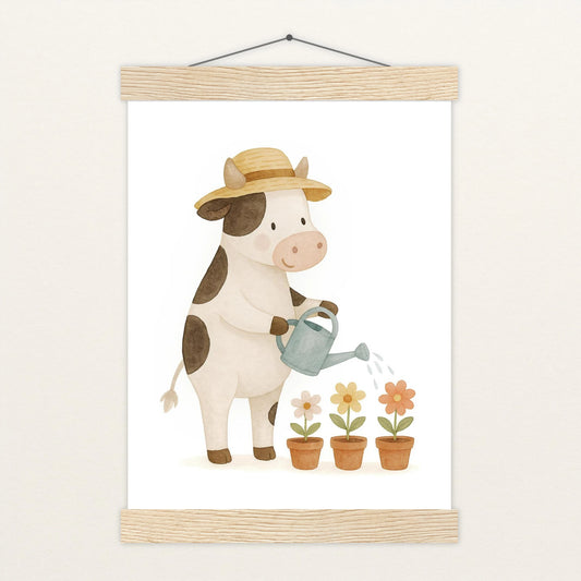 Klara die Kuh - Motiv: "Blumengießen" Poster mit Leisten von tinylearner