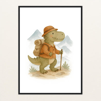 Dinosaurier T-Rex - Motiv: "Wandern" Poster mit Holzrahmen von tinylearner