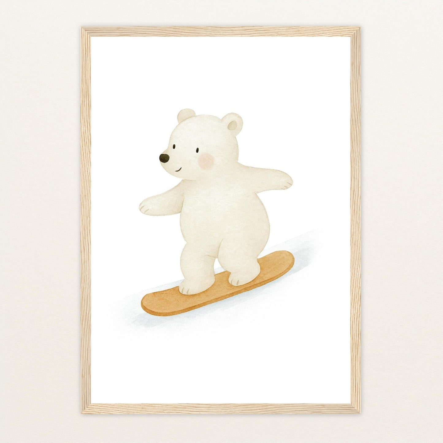 Pummel der Polarbär - Motiv: "Snowboard" Poster mit Holzrahmen von tinylearner