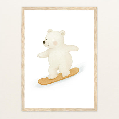 Pummel der Polarbär - Motiv: "Snowboard" Poster mit Holzrahmen von tinylearner