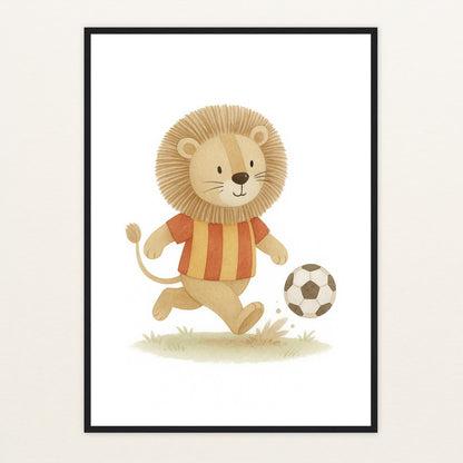 Leo der Löwe - Motiv: "Fußball" Poster mit Holzrahmen von tinylearner