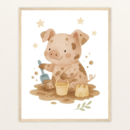 Susi das Schwein - Motiv: "Sandkasten" Poster mit Holzrahmen von tinylearner