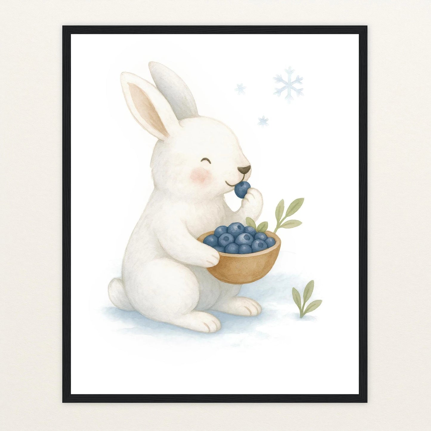 Sina der Schneehase - Motiv: "Blaubeeren" Poster mit Holzrahmen von tinylearner
