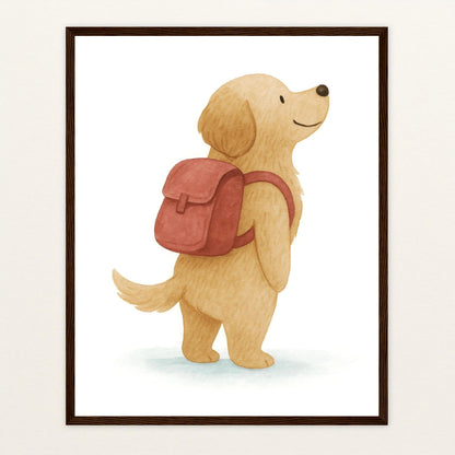 Hugo der Hund - Motiv: "Rucksack" Poster mit Holzrahmen von tinylearner
