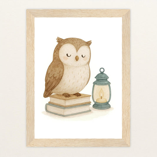 Emmi die Eule - Motiv: "Buch" Poster mit Holzrahmen von tinylearner
