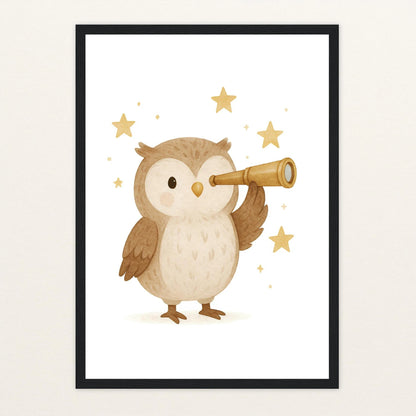 Emmi die Eule - Motiv: "Fernglas" Poster mit Holzrahmen von tinylearner