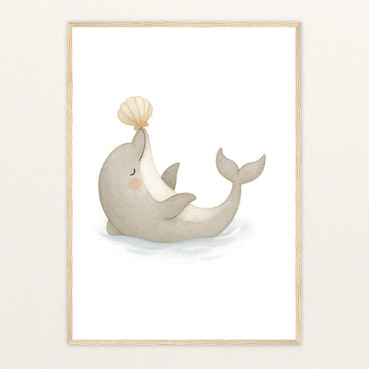 Dora der Delfin - Motiv: "Muschel" Poster mit Holzrahmen von tinylearner