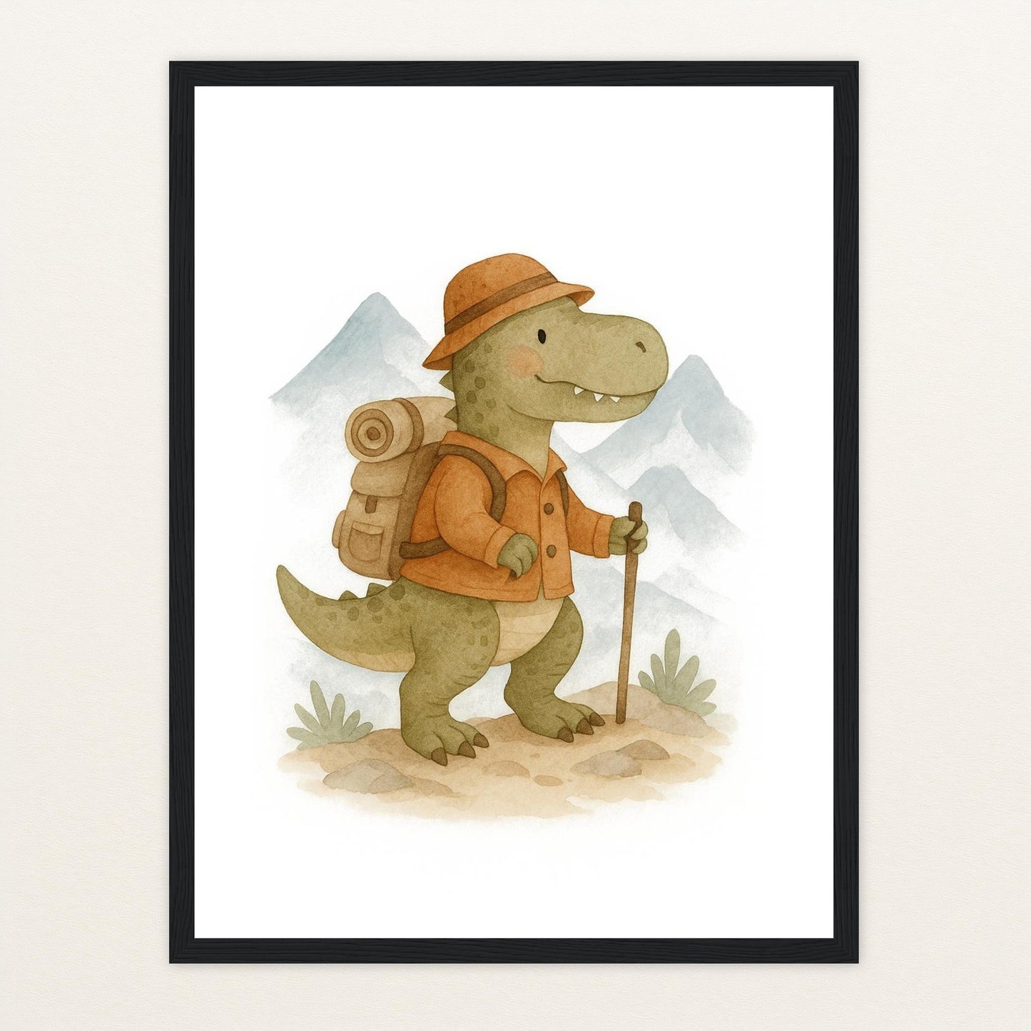 Dinosaurier T-Rex - Motiv: "Wandern" Poster mit Holzrahmen von tinylearner