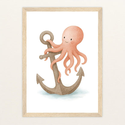 Tilli der Tintenfisch - Motiv: "Anker" Poster mit Holzrahmen von tinylearner