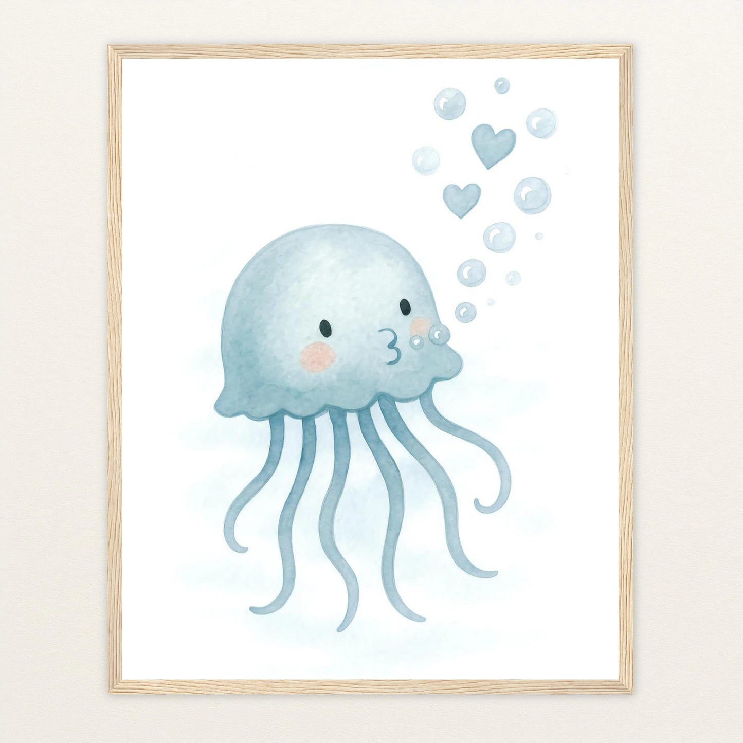 Quinn die Qualle - Motiv: "Luftblasen" Poster mit Holzrahmen von tinylearner