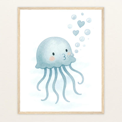 Quinn die Qualle - Motiv: "Luftblasen" Poster mit Holzrahmen von tinylearner