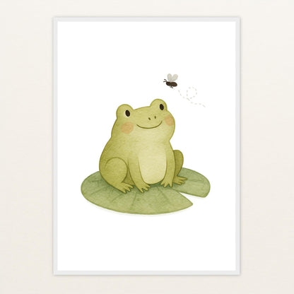 Flocke der Frosch - Motiv: "Fliege" Poster mit Holzrahmen von tinylearner