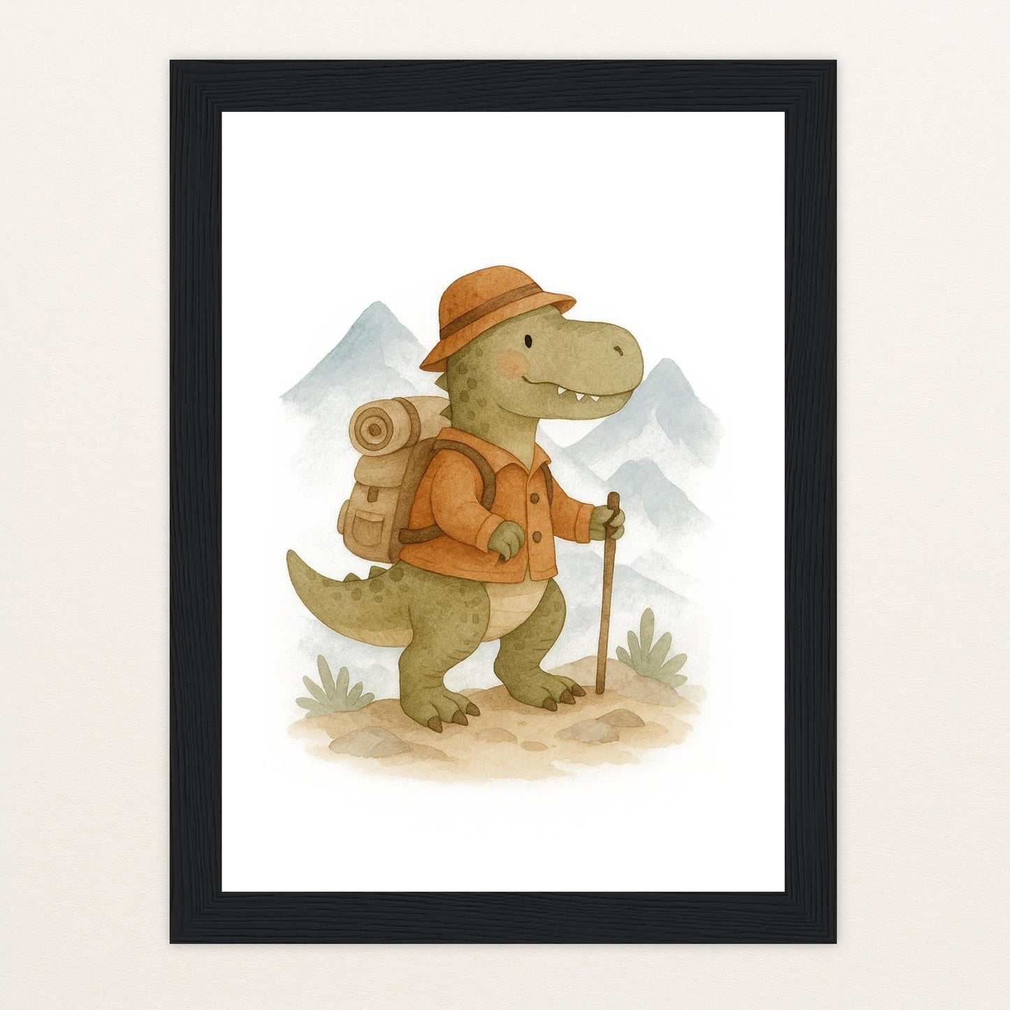 Dinosaurier T-Rex - Motiv: "Wandern" Poster mit Holzrahmen von tinylearner
