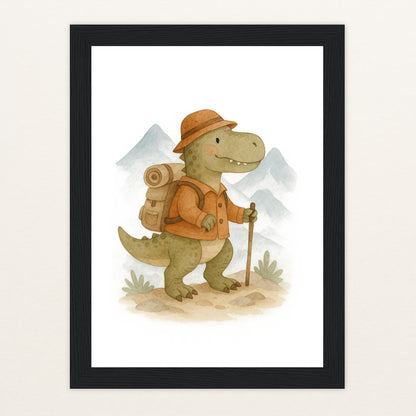 Dinosaurier T-Rex - Motiv: "Wandern" Poster mit Holzrahmen von tinylearner