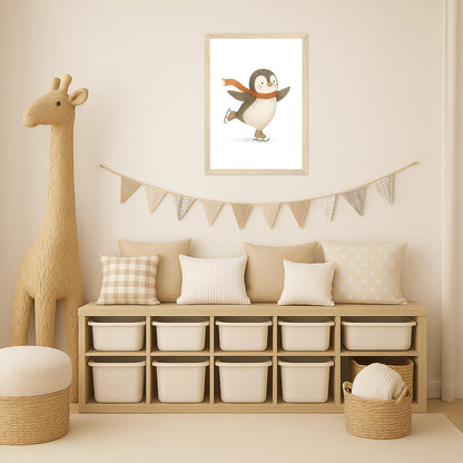 Pia der Pinguin - Motiv: "Eislaufen" Poster mit Holzrahmen von tinylearner