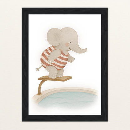 Emil der Elefant - Motiv: "Pool" Poster mit Holzrahmen von tinylearner
