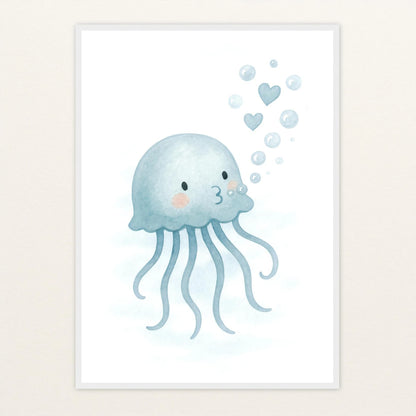 Quinn die Qualle - Motiv: "Luftblasen" Poster mit Holzrahmen von tinylearner