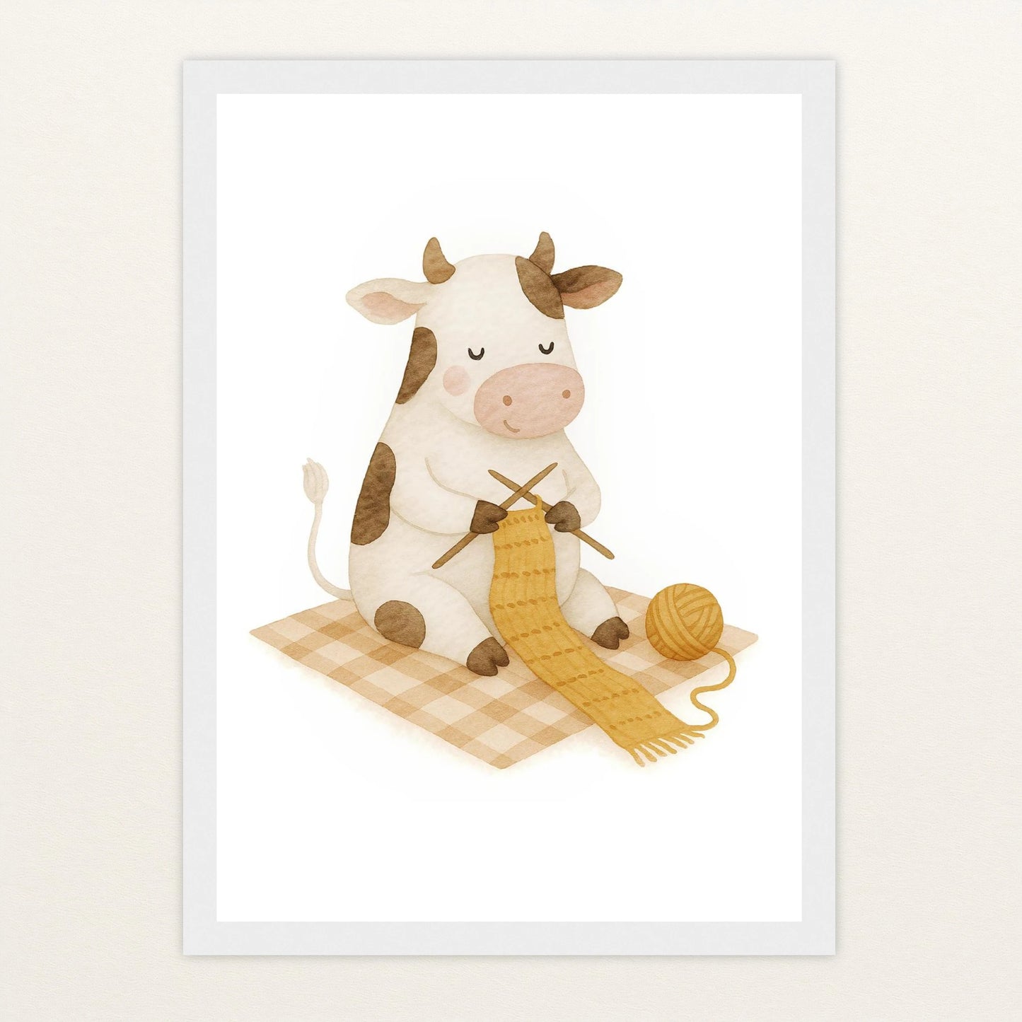 Klara die Kuh - Motiv: "Häkeln" Poster mit Holzrahmen von tinylearner