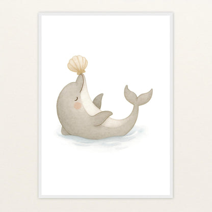 Dora der Delfin - Motiv: "Muschel" Poster mit Holzrahmen von tinylearner