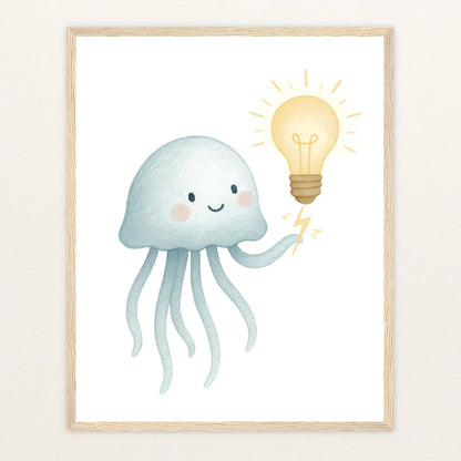 Quinn die Qualle - Motiv: "Glühbirne" Poster mit Holzrahmen von tinylearner
