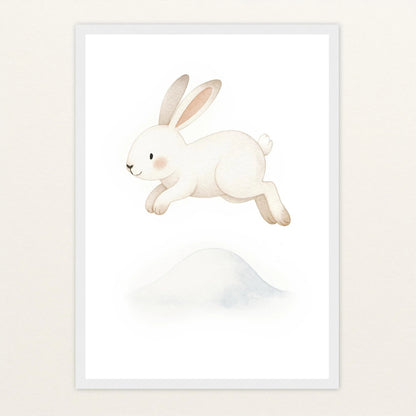 Sina der Schneehase - Motiv: "Schneehügel" Poster mit Holzrahmen von tinylearner