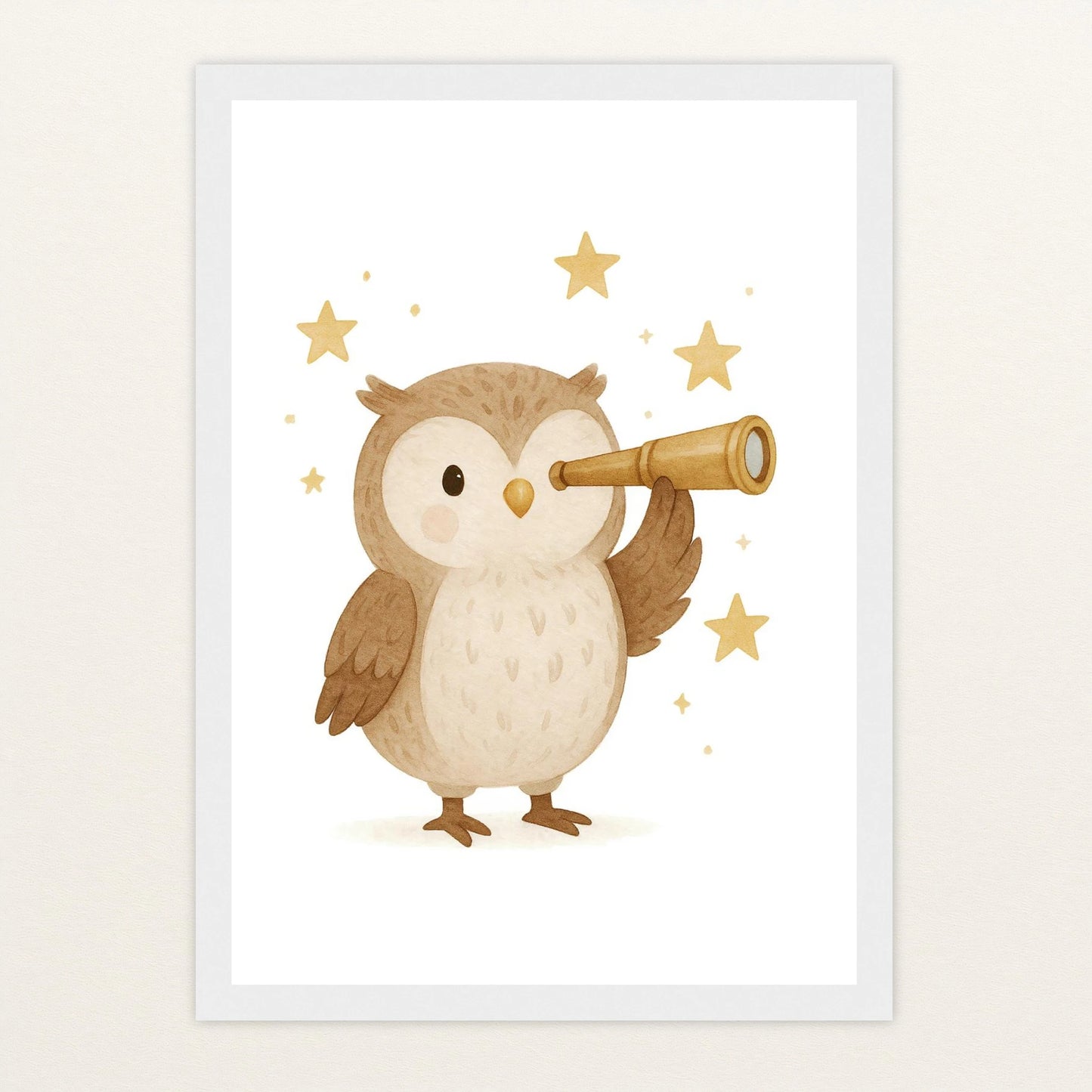 Emmi die Eule - Motiv: "Fernglas" Poster mit Holzrahmen von tinylearner