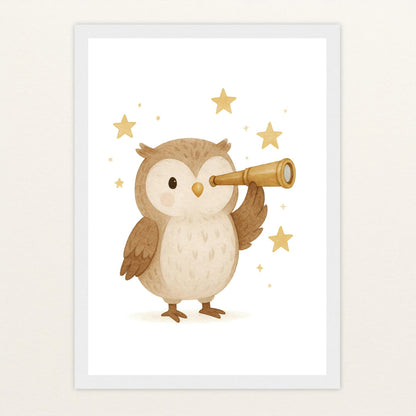 Emmi die Eule - Motiv: "Fernglas" Poster mit Holzrahmen von tinylearner