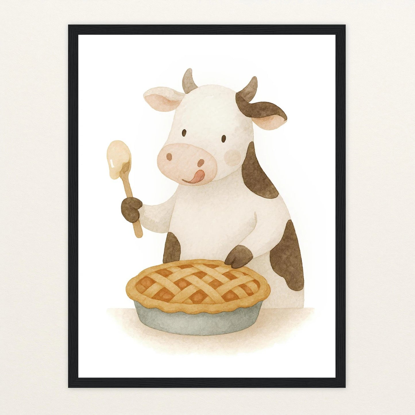 Klara die Kuh - Motiv: "Kuchen" Poster mit Holzrahmen von tinylearner