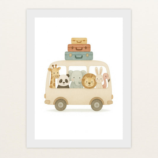 Tierfreunde - Motiv: "Reisebus" Poster mit Holzrahmen von tinylearner