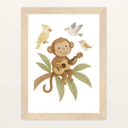Aki der Affe - Motiv: "Ukulele" Poster mit Holzrahmen von tinylearner