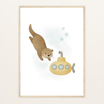 Otti der Otter - Motiv: "U-Boot" Poster mit Holzrahmen von tinylearner
