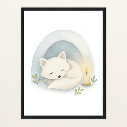 Pino der Polarfuchs - Motiv: "Schneehöhle" Poster mit Holzrahmen von tinylearner