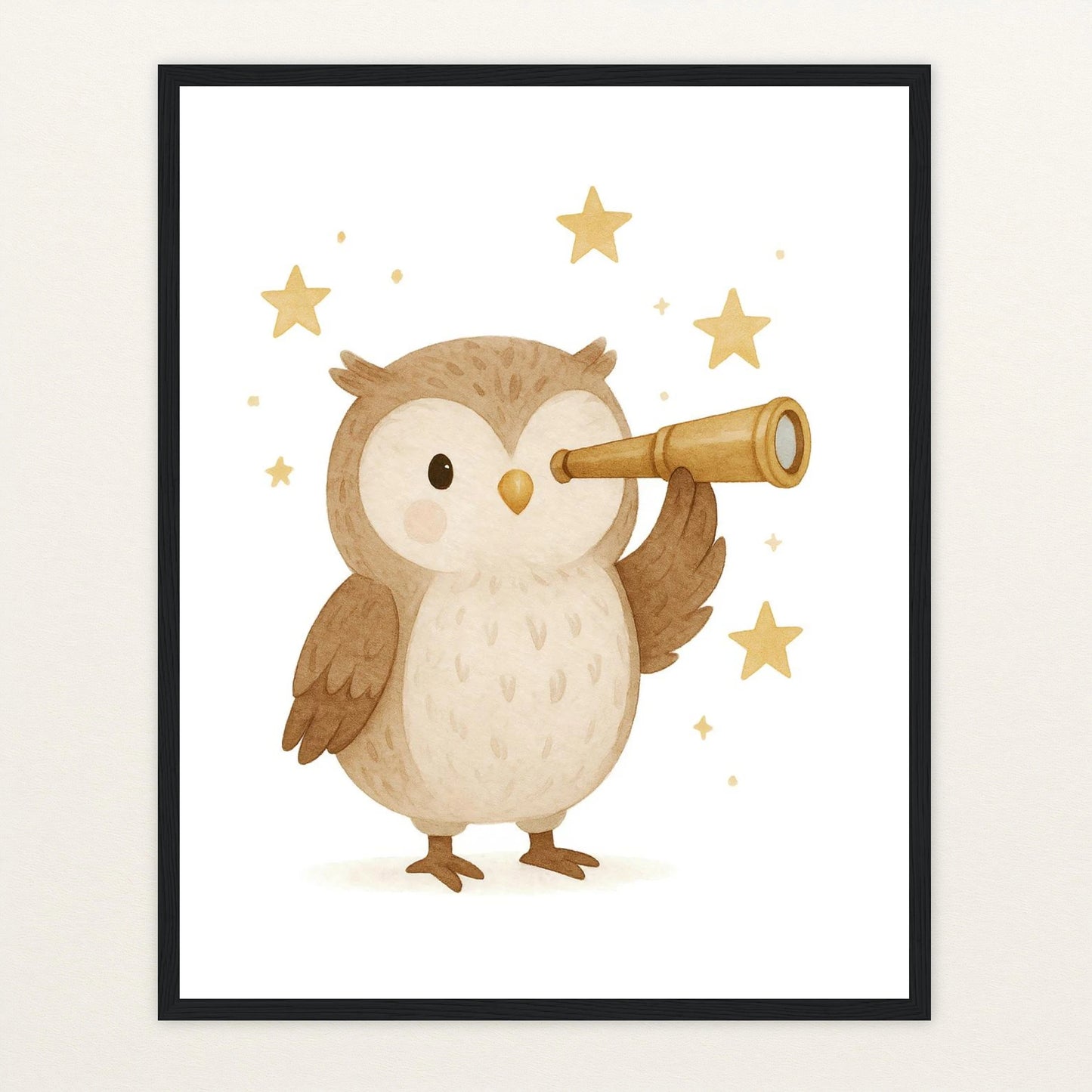 Emmi die Eule - Motiv: "Fernglas" Poster mit Holzrahmen von tinylearner
