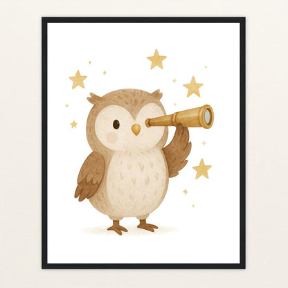 Emmi die Eule - Motiv: "Fernglas" Poster mit Holzrahmen von tinylearner