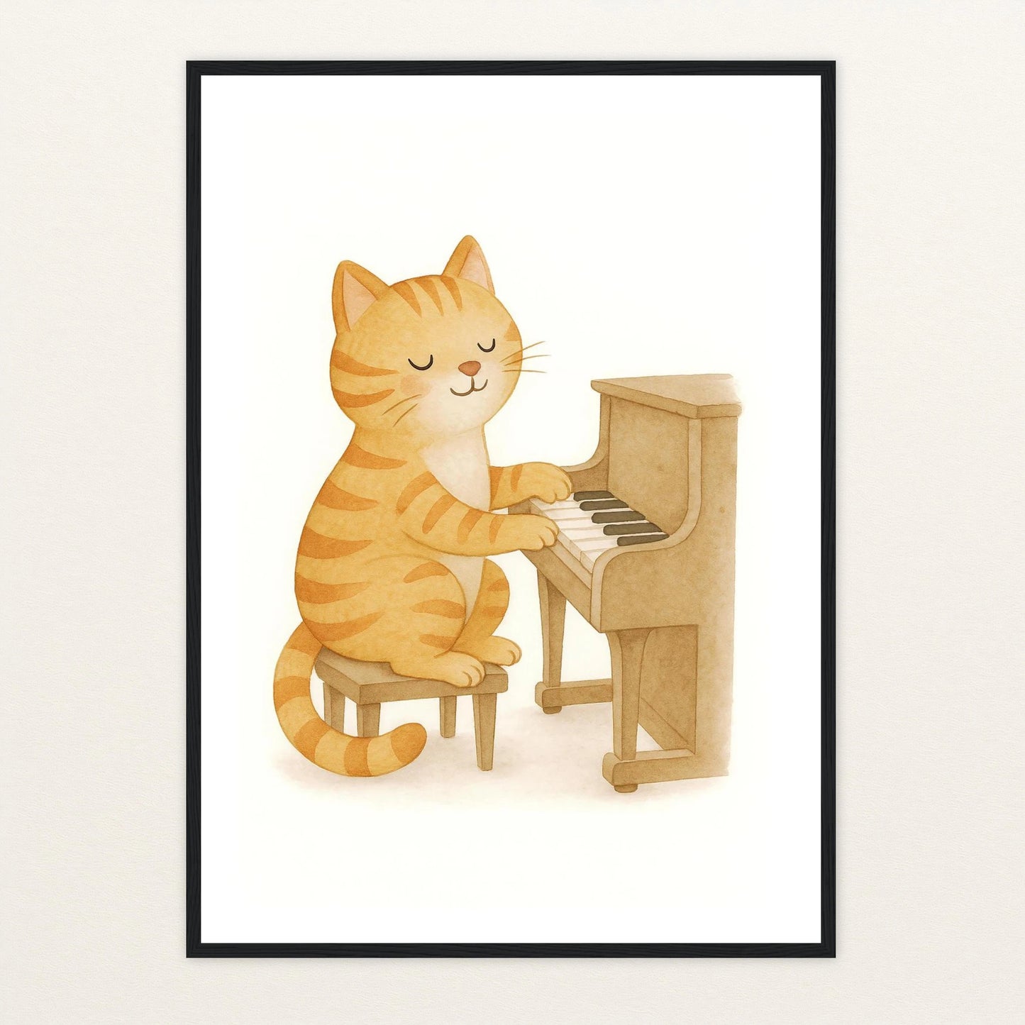 Kira die Katze - Motiv: "Klavier" Poster mit Holzrahmen von tinylearner