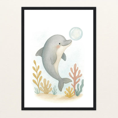 Dora der Delfin - Motiv: "Luftblase" Poster mit Holzrahmen von tinylearner