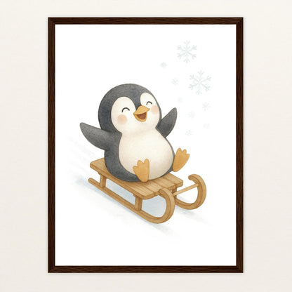 Pia der Pinguin - Motiv: "Schlitten" Poster mit Holzrahmen von tinylearner