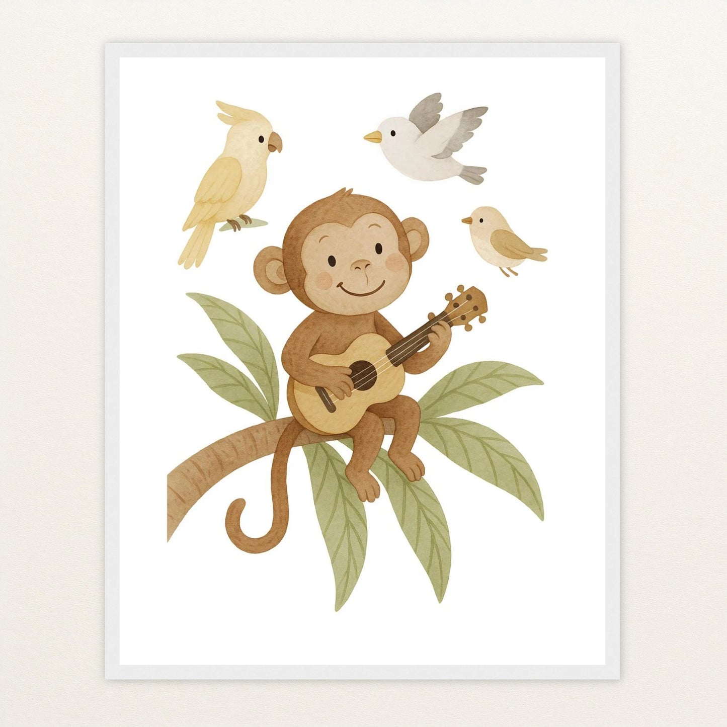 Aki der Affe - Motiv: "Ukulele" Poster mit Holzrahmen von tinylearner