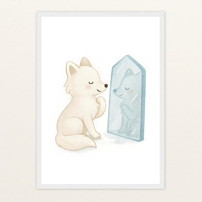 Pino der Polarfuchs - Motiv: "Spiegel" Poster mit Holzrahmen von tinylearner