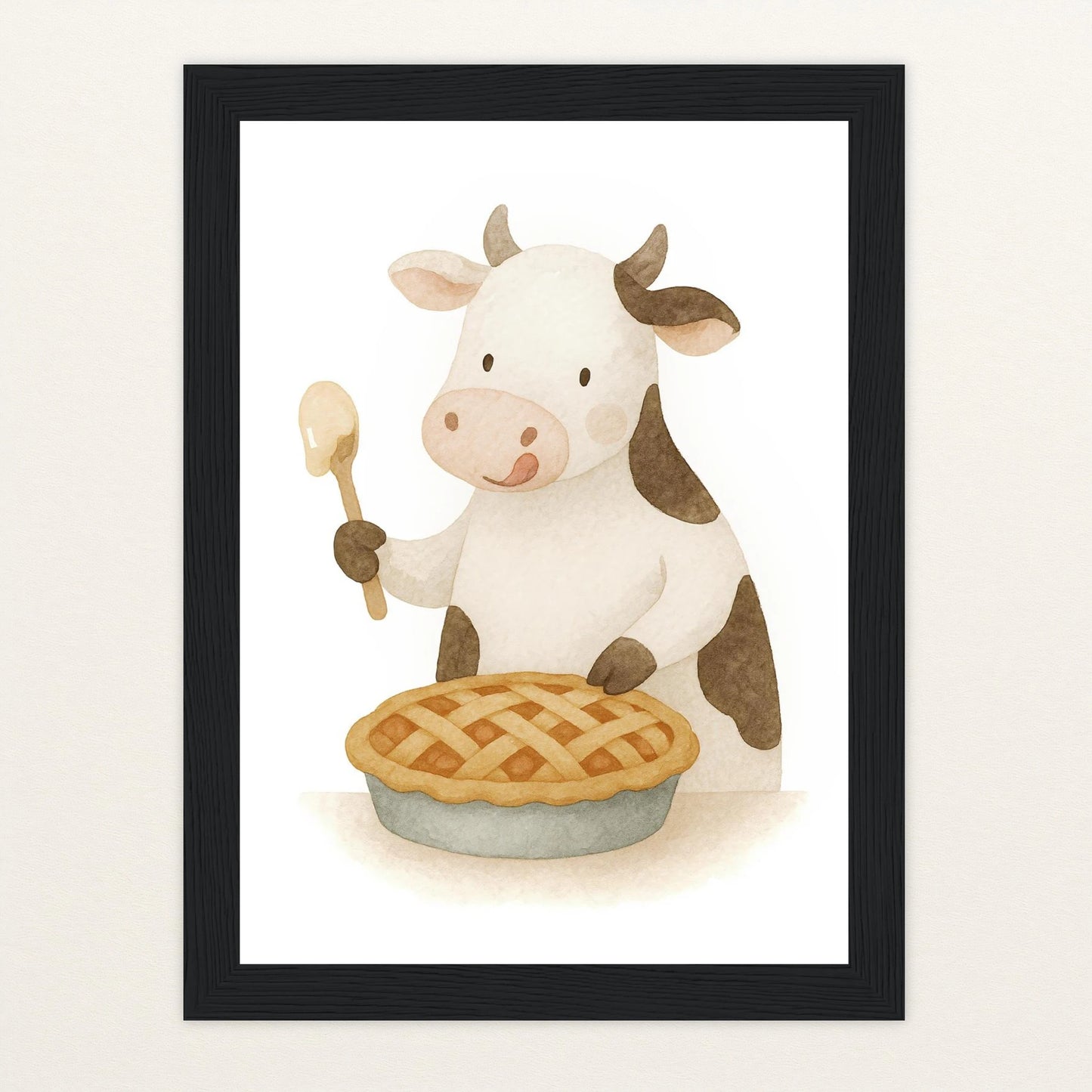 Klara die Kuh - Motiv: "Kuchen" Poster mit Holzrahmen von tinylearner