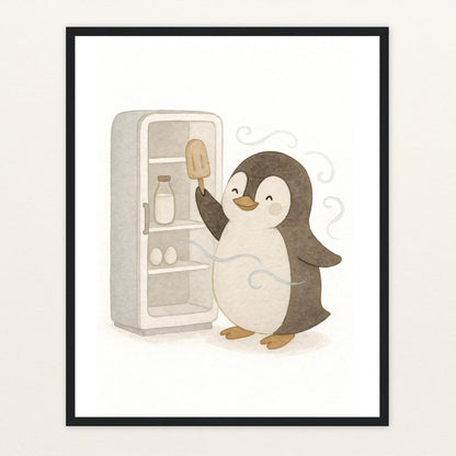 Pia der Pinguin - Motiv: "Eis" Poster mit Holzrahmen von tinylearner