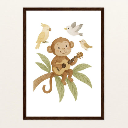 Aki der Affe - Motiv: "Ukulele" Poster mit Holzrahmen von tinylearner