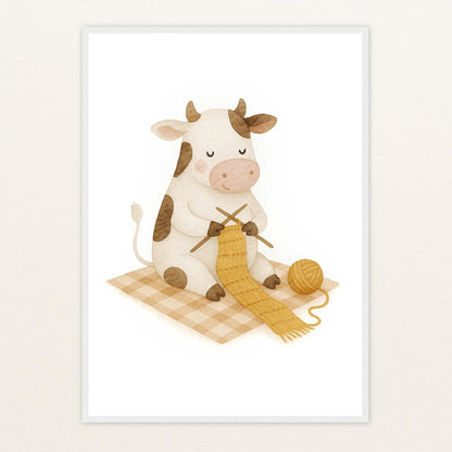 Klara die Kuh - Motiv: "Häkeln" Poster mit Holzrahmen von tinylearner